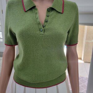 100 % Cashmere Short slv polo Apple Green with Magenta trim elegant size M